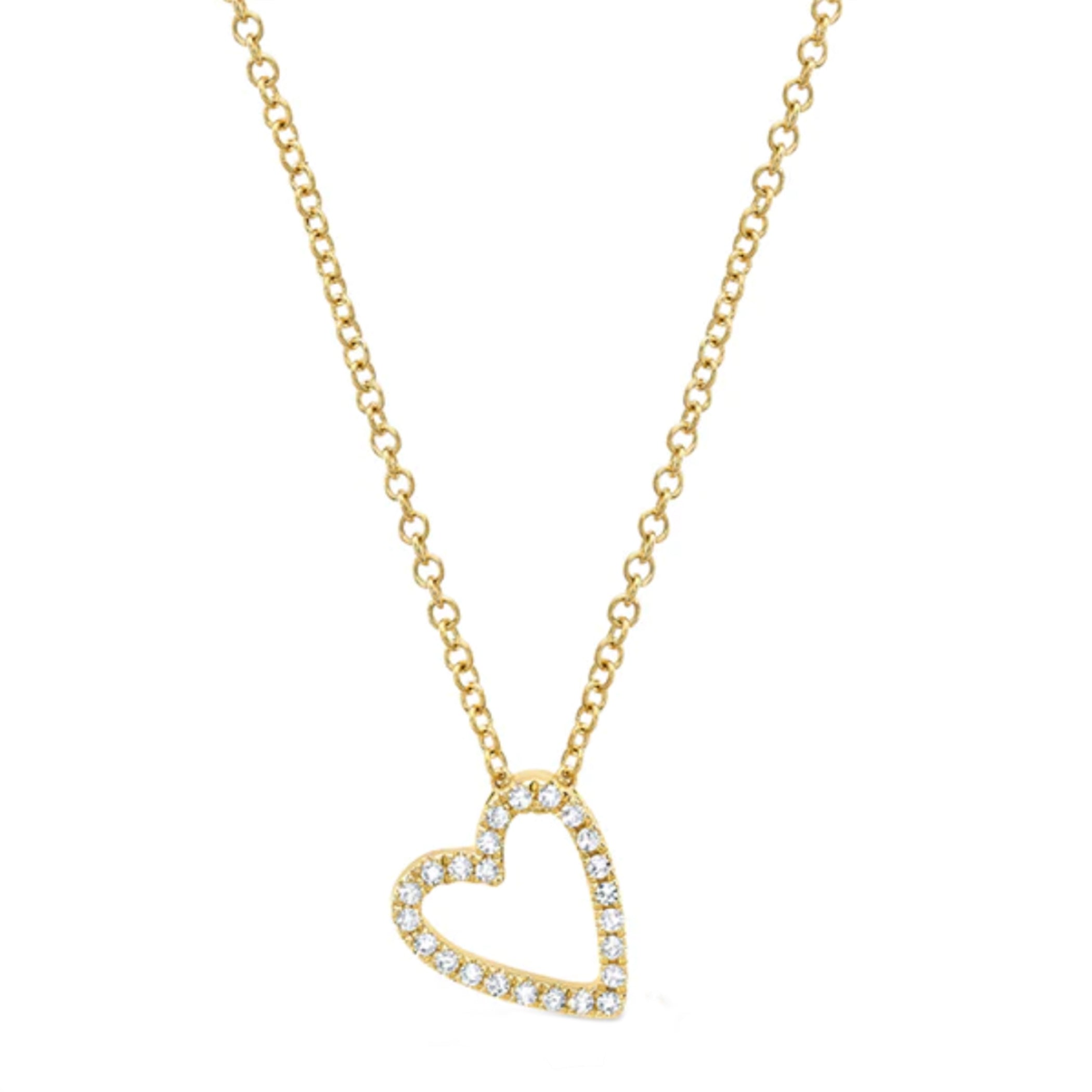 14K DANGLING DIAMOND PAVE HEART OUTLINE NECKLACE