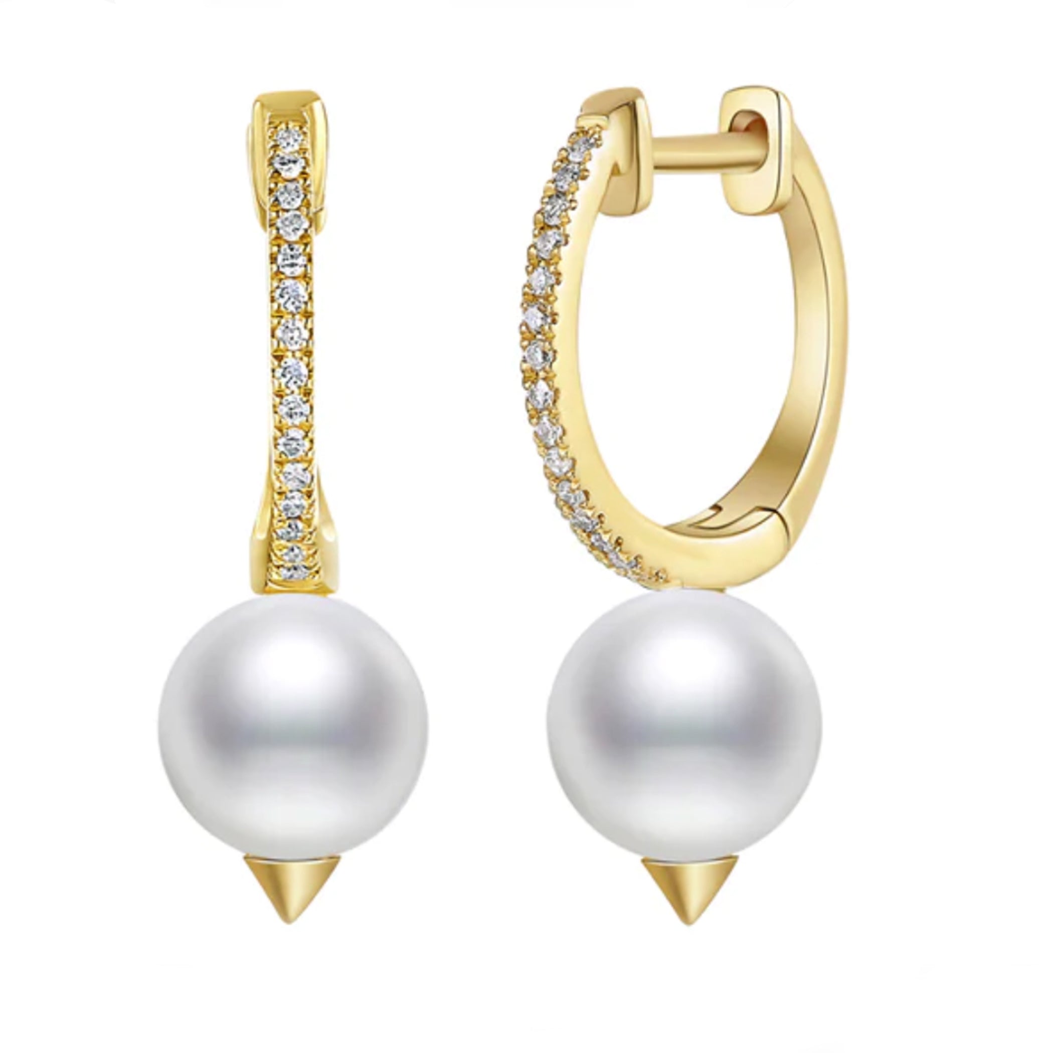 14K DIAMOND PAVE HUGGIE WITH SINGLE PEARL AND SPIKE