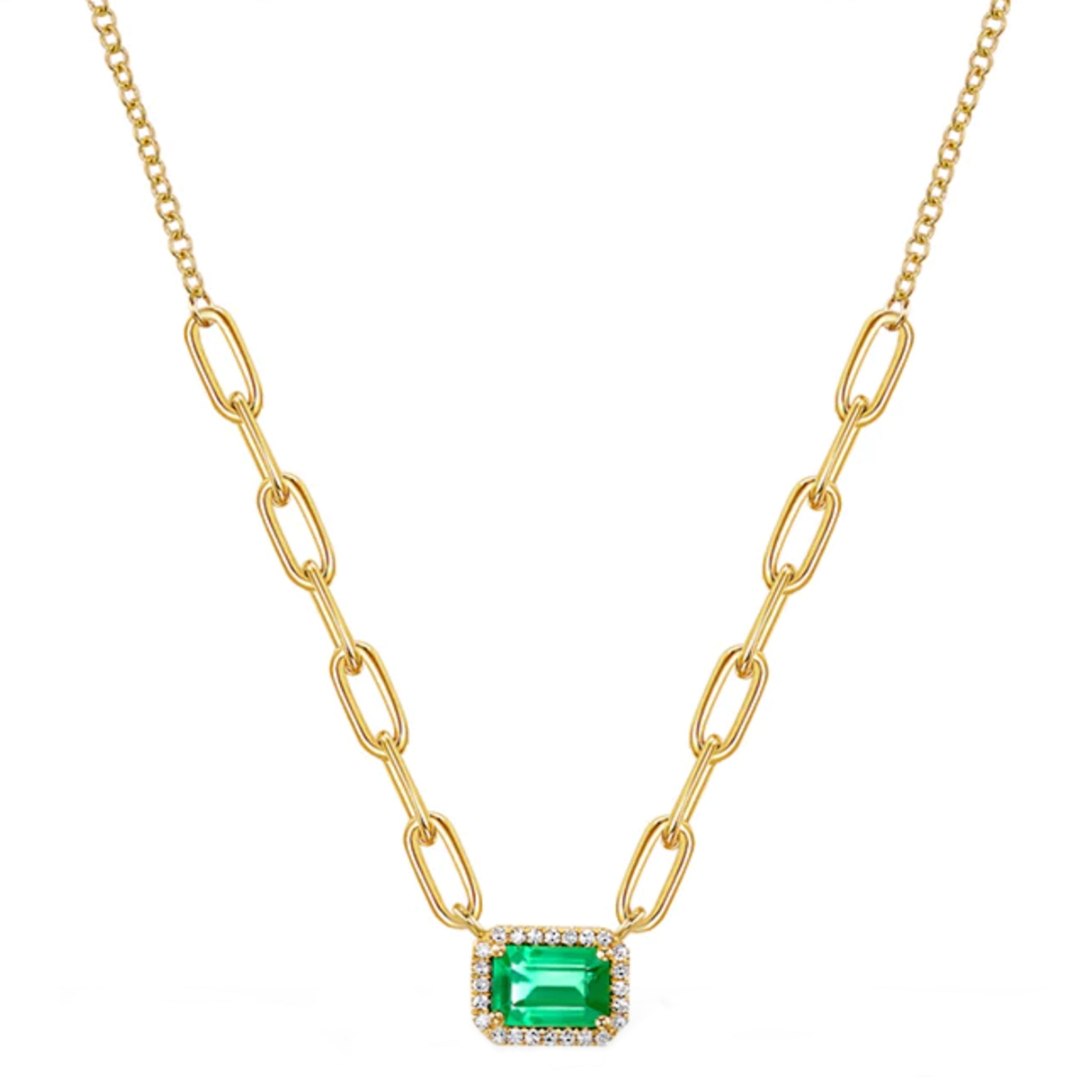 14K EMERALD WITH DIAMOND HALO LONG LINK NECKLACE