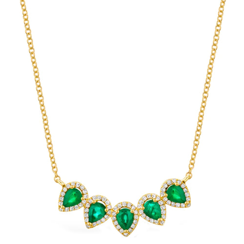 14K FIVE PEAR EMERALDS WITH DIAMOND HALO NECKLACE