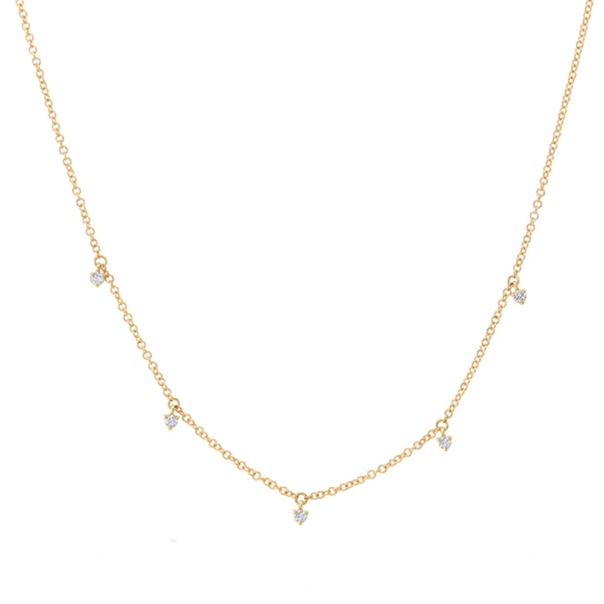 14K FIVE TINY PRONG SET DANGLING STATION DIAMOND NECKLACE