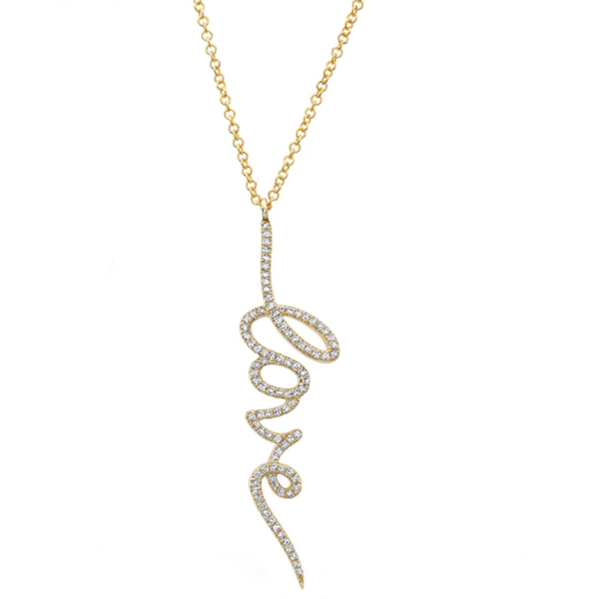 14K LARGE DIAMOND PAVE VERTICAL 'LOVE' NECKLACE