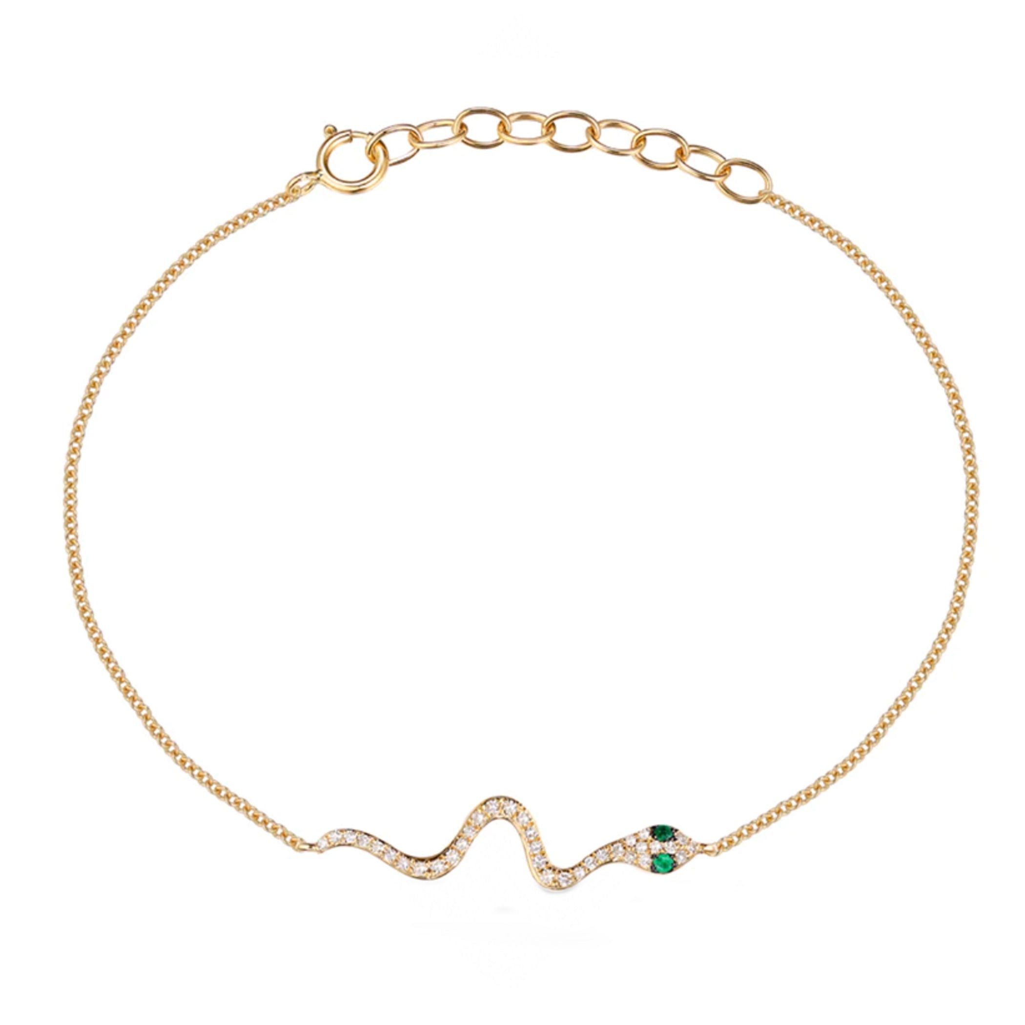 14K SMALL DIAMOND PAVE WITH EMERALD EYE SNAKE BRACELET