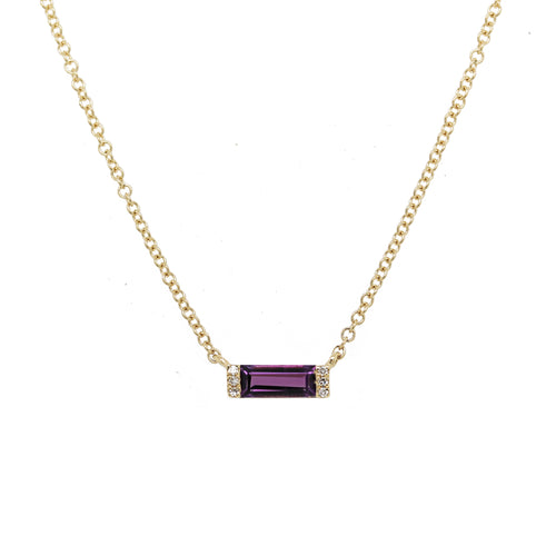 14K AMETHYST BAGUETTE WITH SIDE DIAMOND PAVE NECKLACE