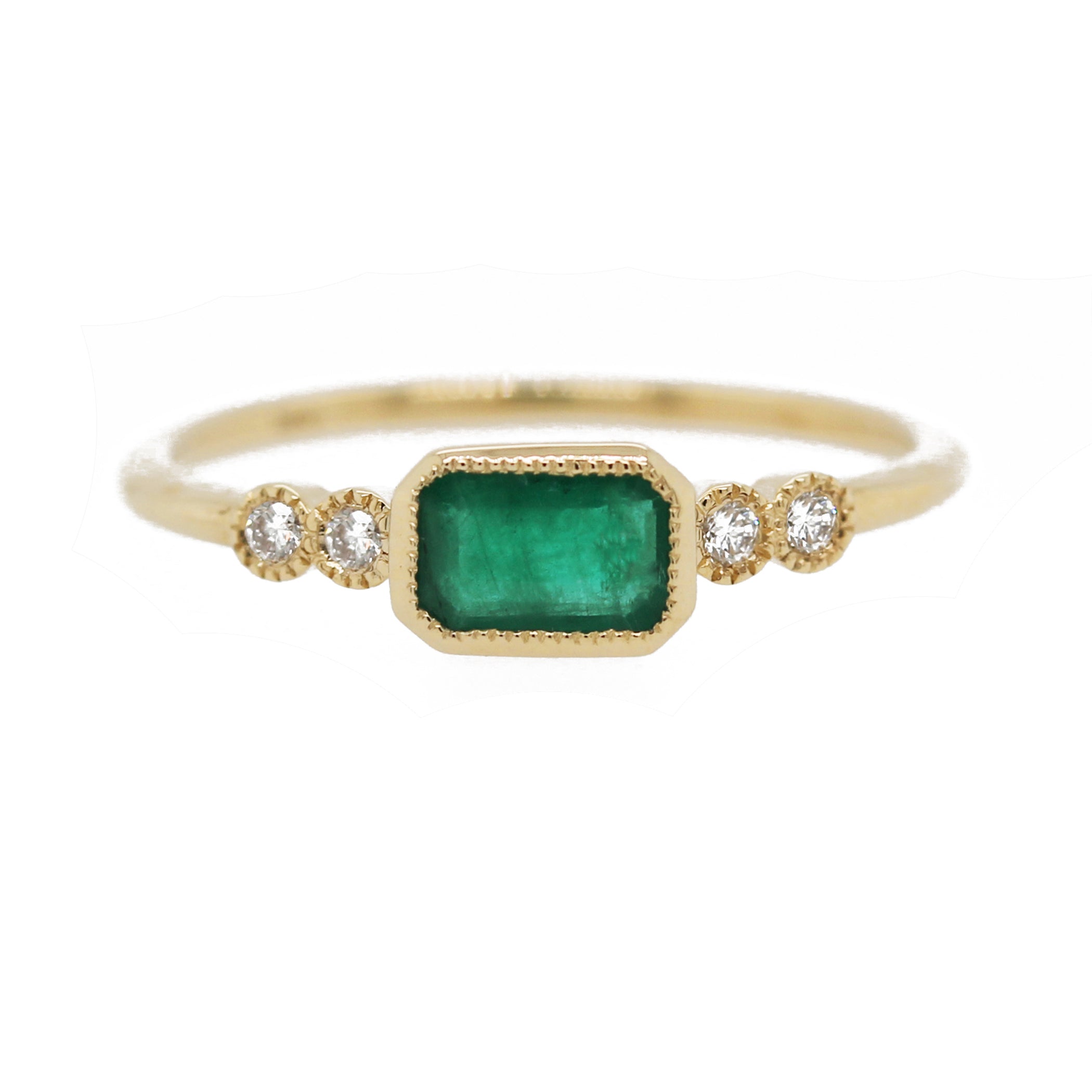 14K BEZEL SET EMERALD WITH TWO BEZEL SET DIAMONDS RING