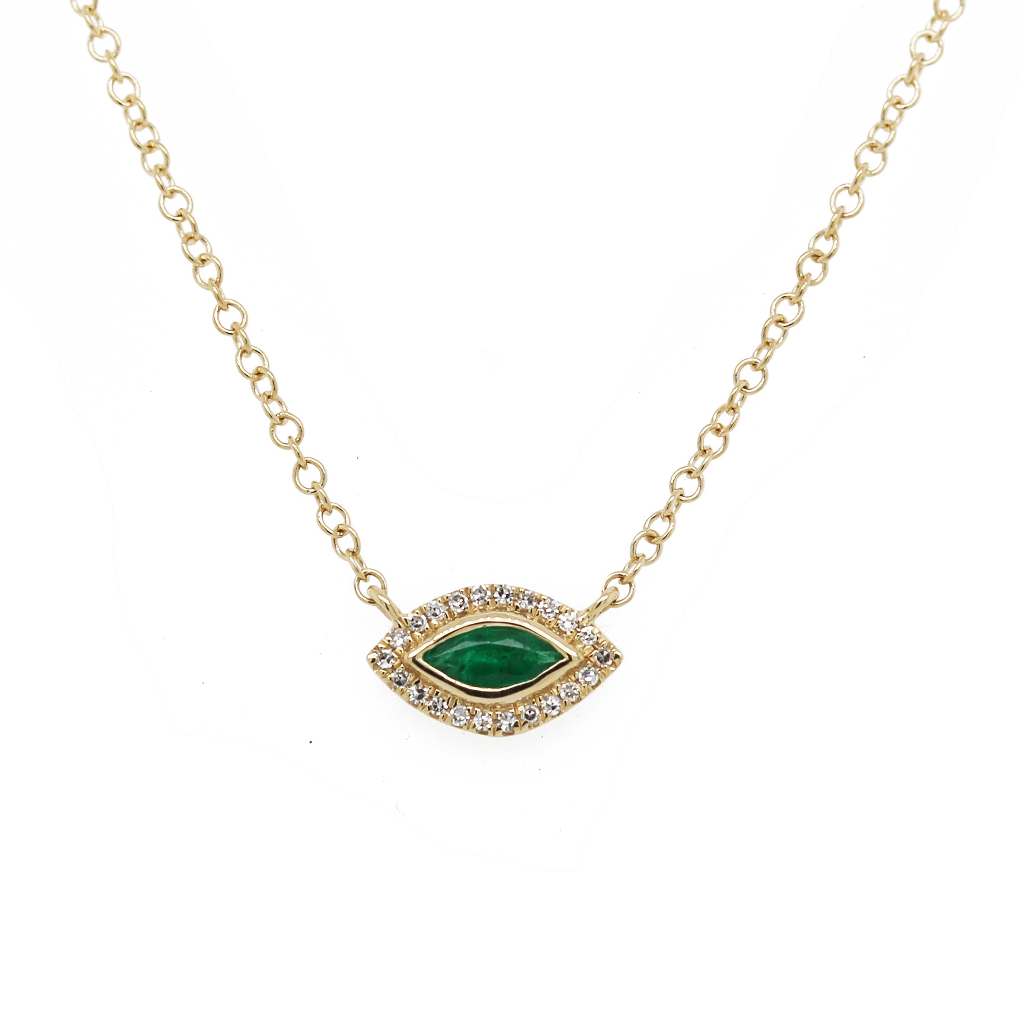 14K BEZEL SET MARQUISE EMERALD WITH DIAMOND HALO NECKLACE