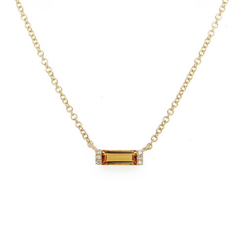 14K CITRINE BAGUETTE WITH SIDE DIAMOND PAVE NECKLACE