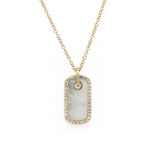 14K DIAMOND PAVE AND MOTHER OF PEARL TAG NECKLACE