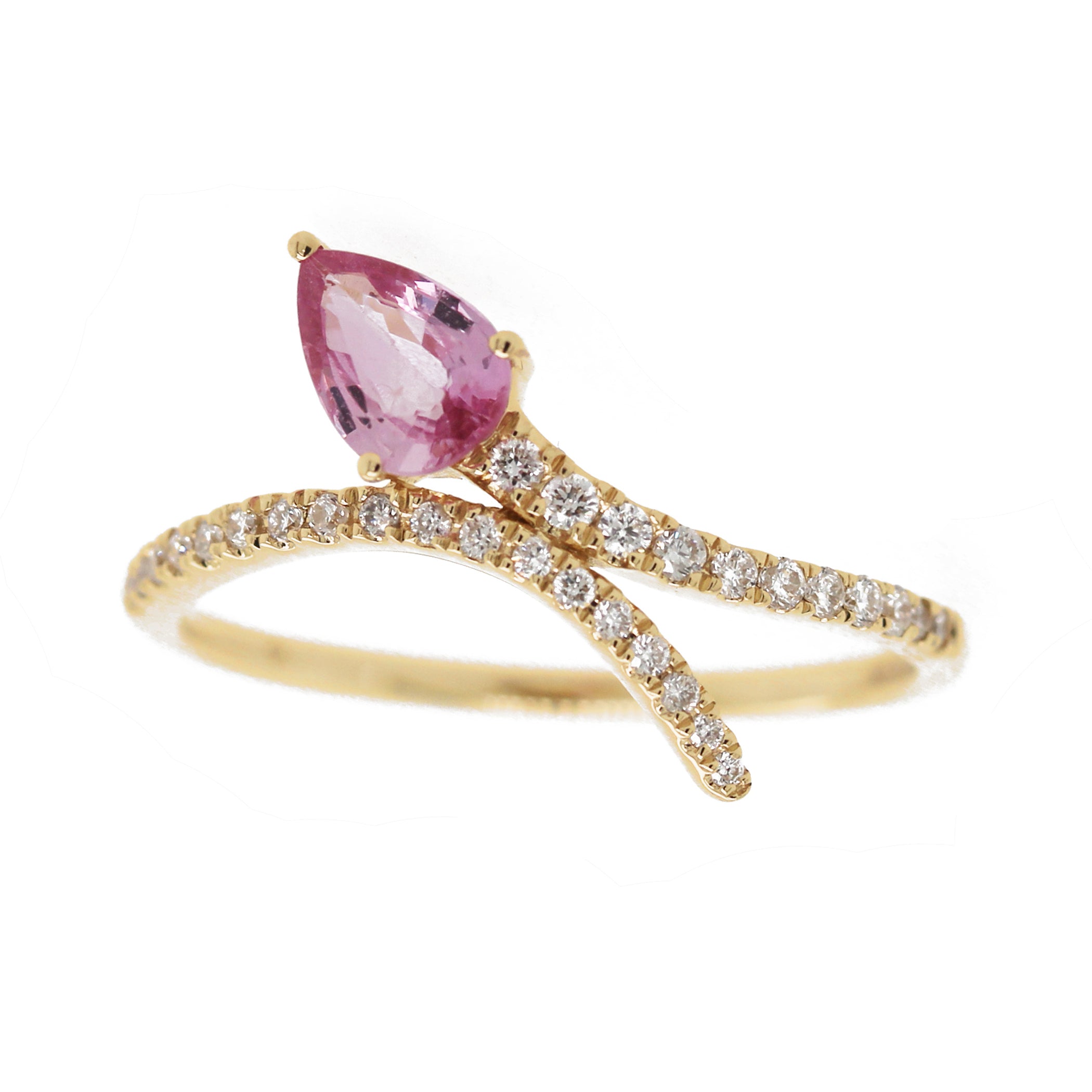 14K DIAMOND PAVE BYPASS WITH PEAR PINK SAPPHIRE RING