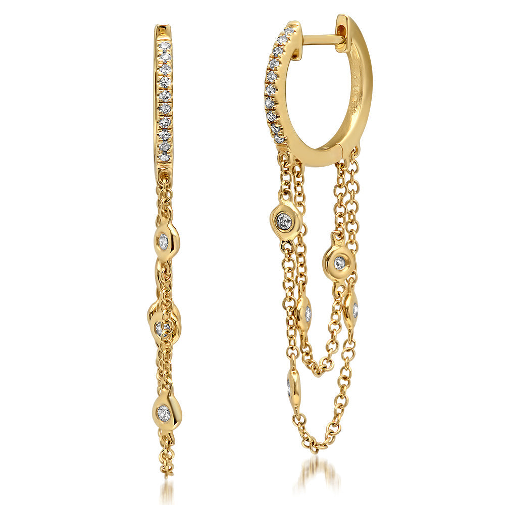 14K DIAMOND PAVE HUGGIES WITH DANGLING CHAIN AND DIAMONDS