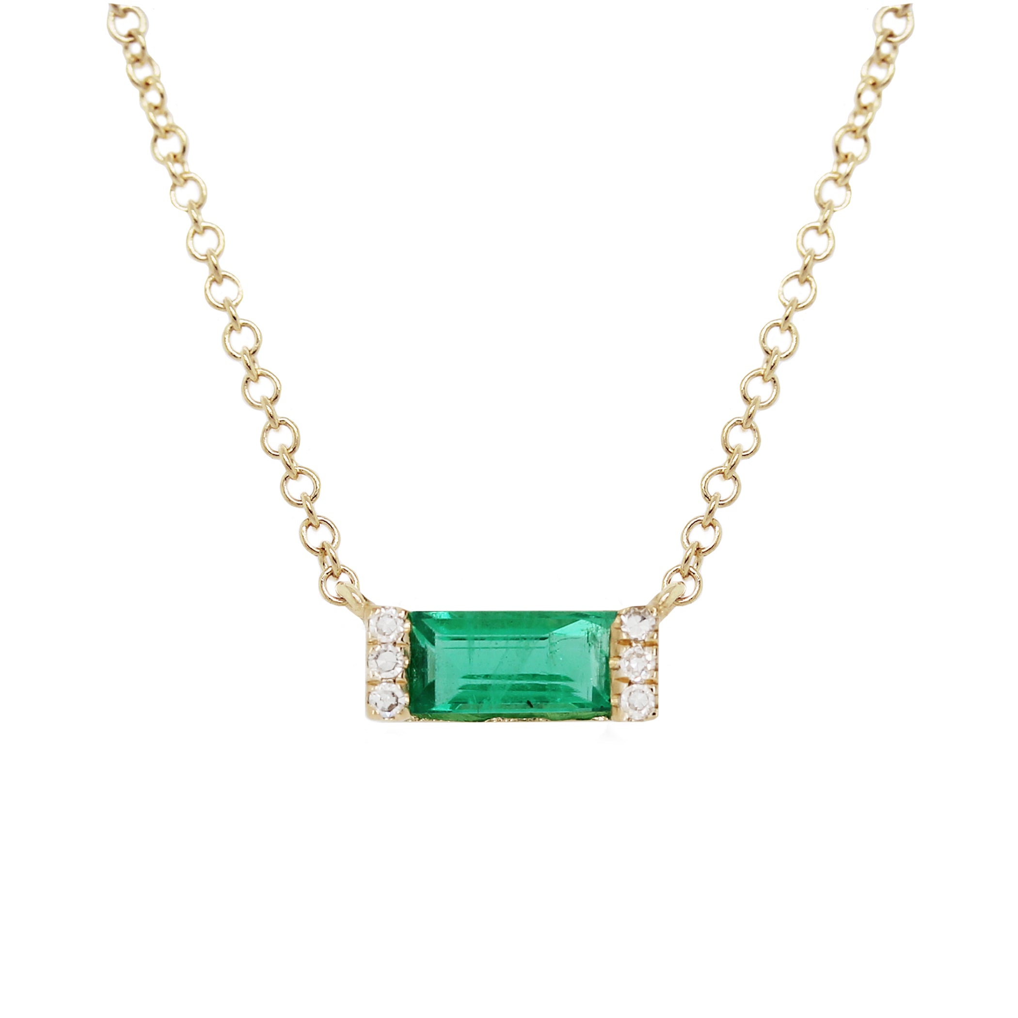 14K EMERALD BAGUETTE WITH DIAMOND PAVE SIDES NECKLACE