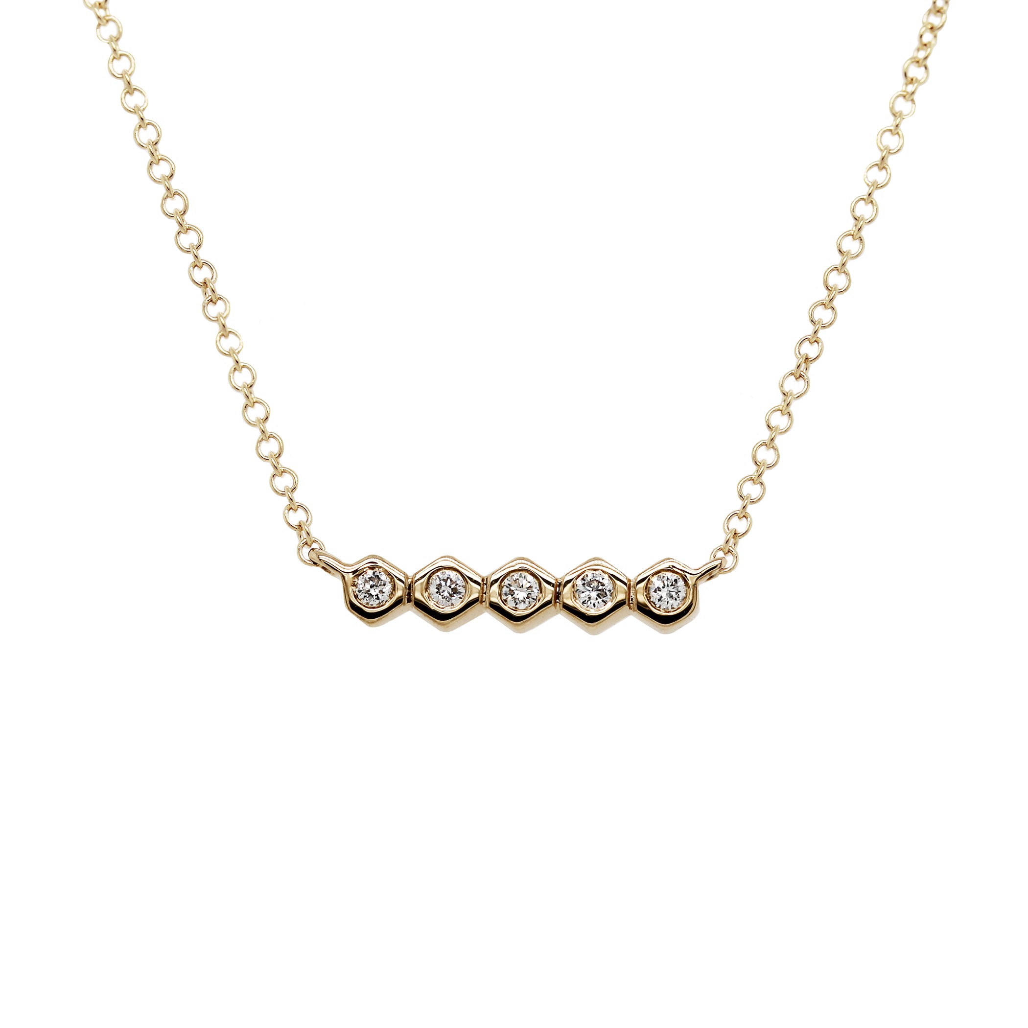14K FIVE TINY HEXAGONS WITH SINGLE DIAMOND NECKLACE