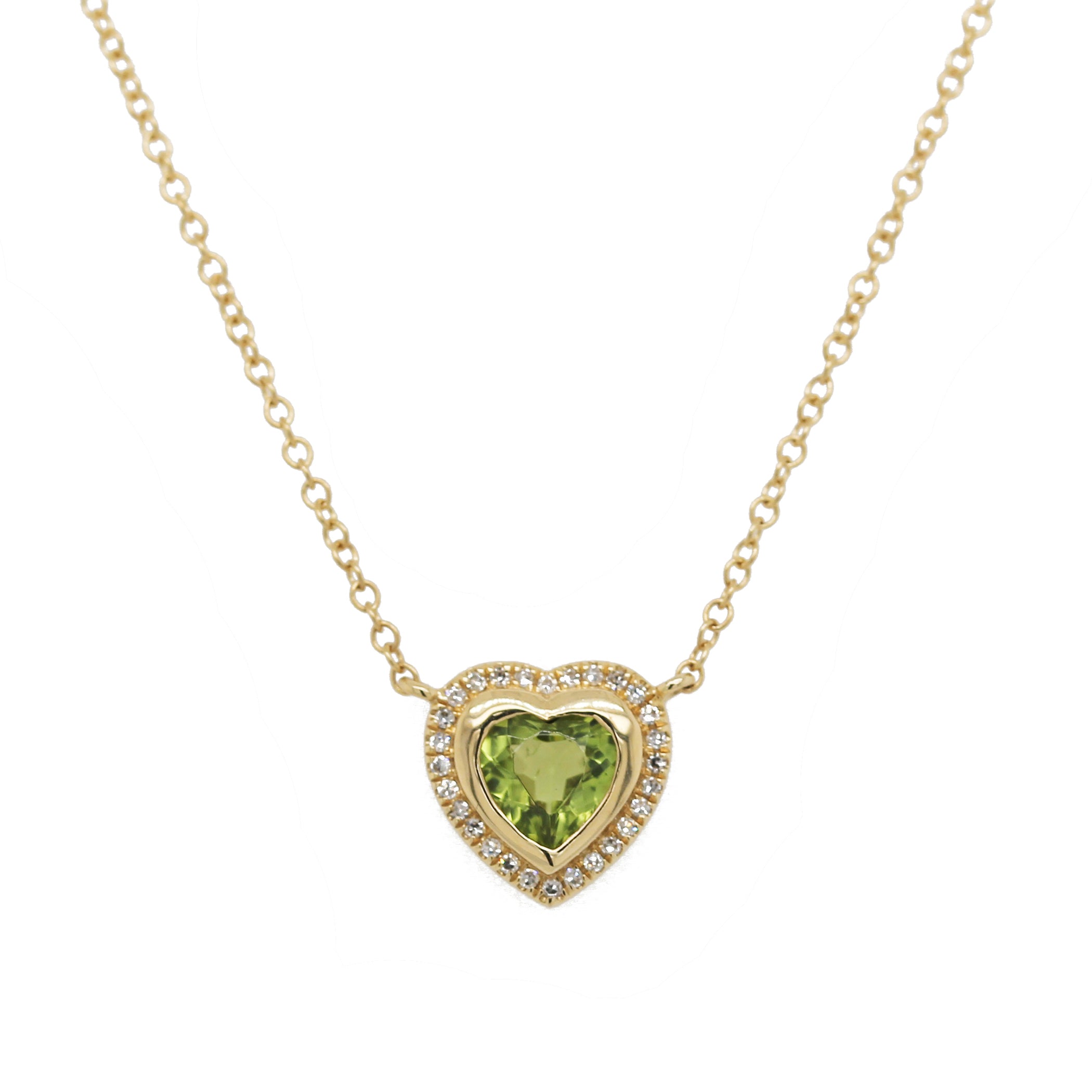 14K PERIDOT HEART WITH DIAMOND HALO NECKLACE
