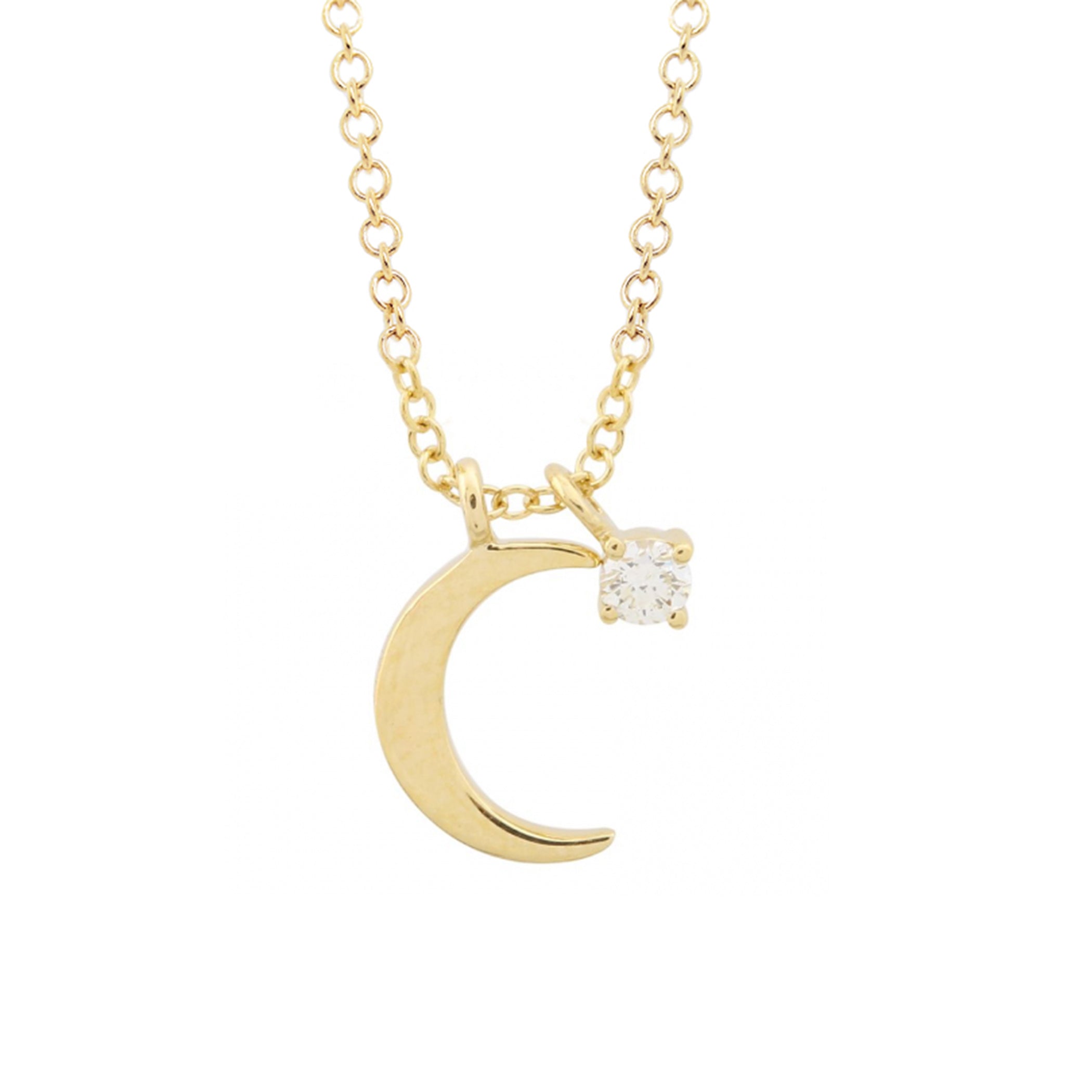 14K PLAIN CRESCENT MOON AND DIAMOND CHARM NECKLACE