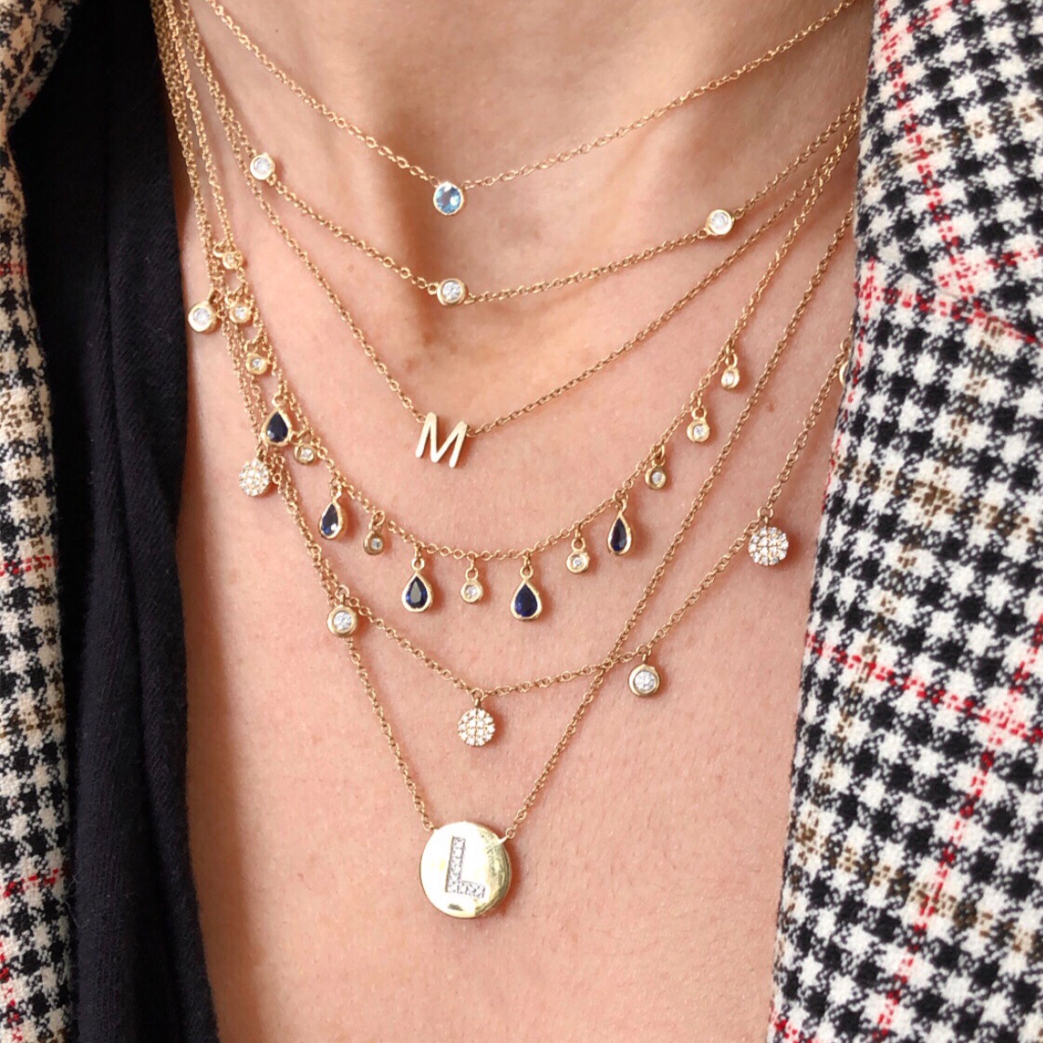 14K FIVE DANGLING PEAR SHAPE SAPPHIRES WITH DANGLING DIAMONDS NECKLACE