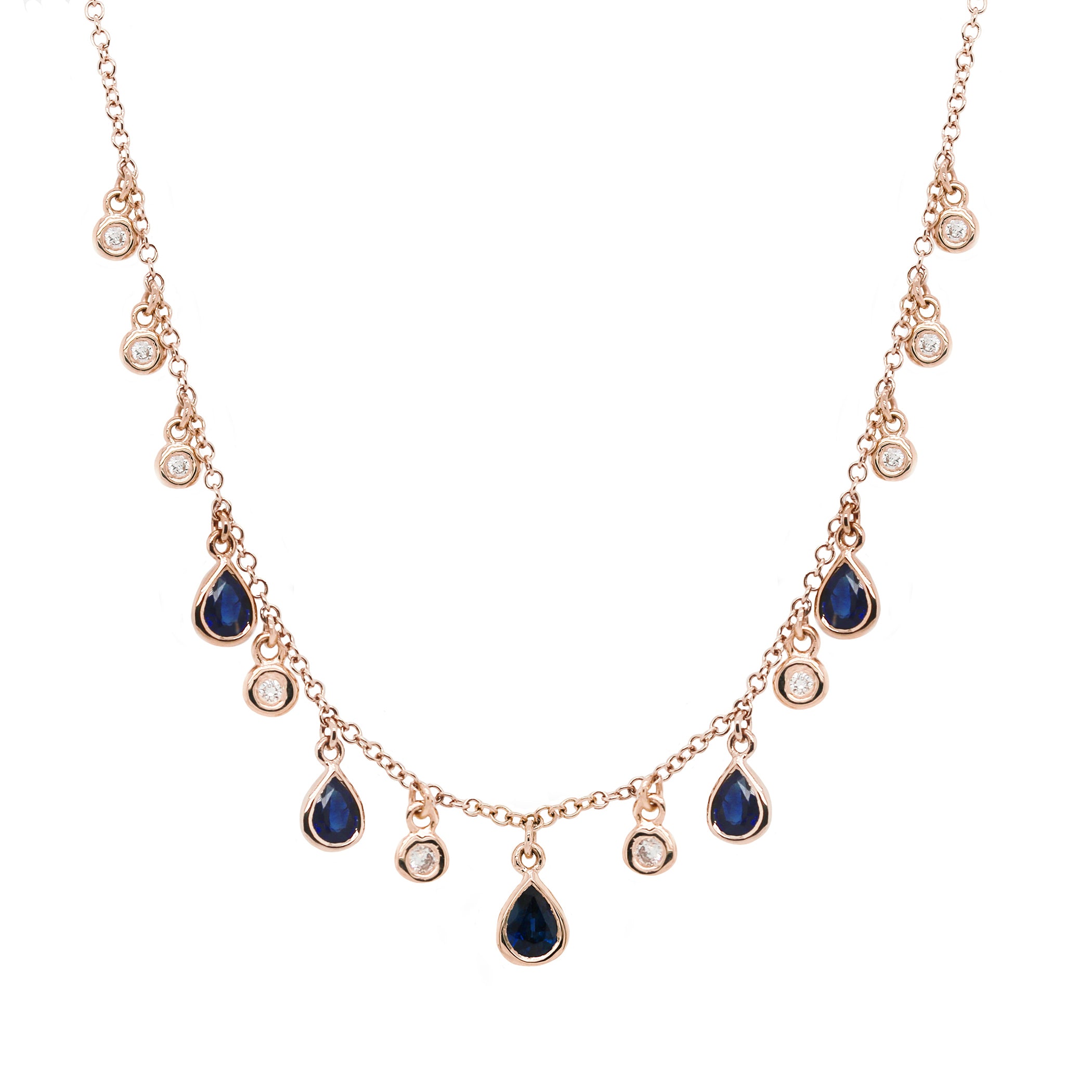 14K FIVE DANGLING PEAR SHAPE SAPPHIRES WITH DANGLING DIAMONDS NECKLACE