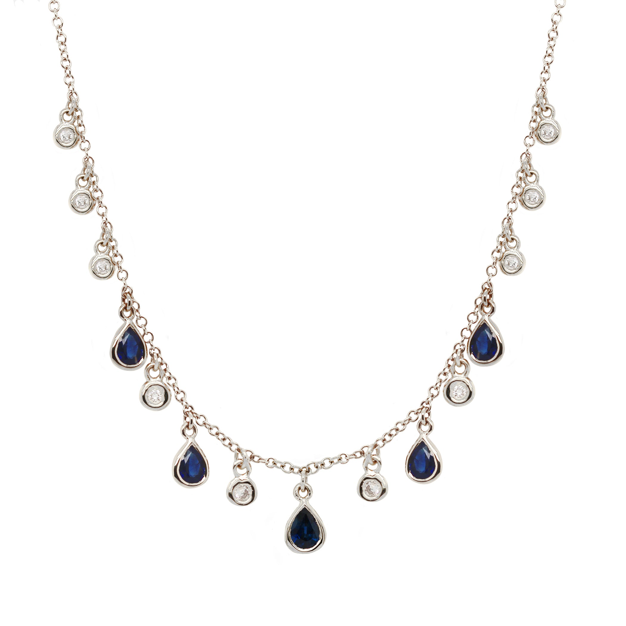 14K FIVE DANGLING PEAR SHAPE SAPPHIRES WITH DANGLING DIAMONDS NECKLACE