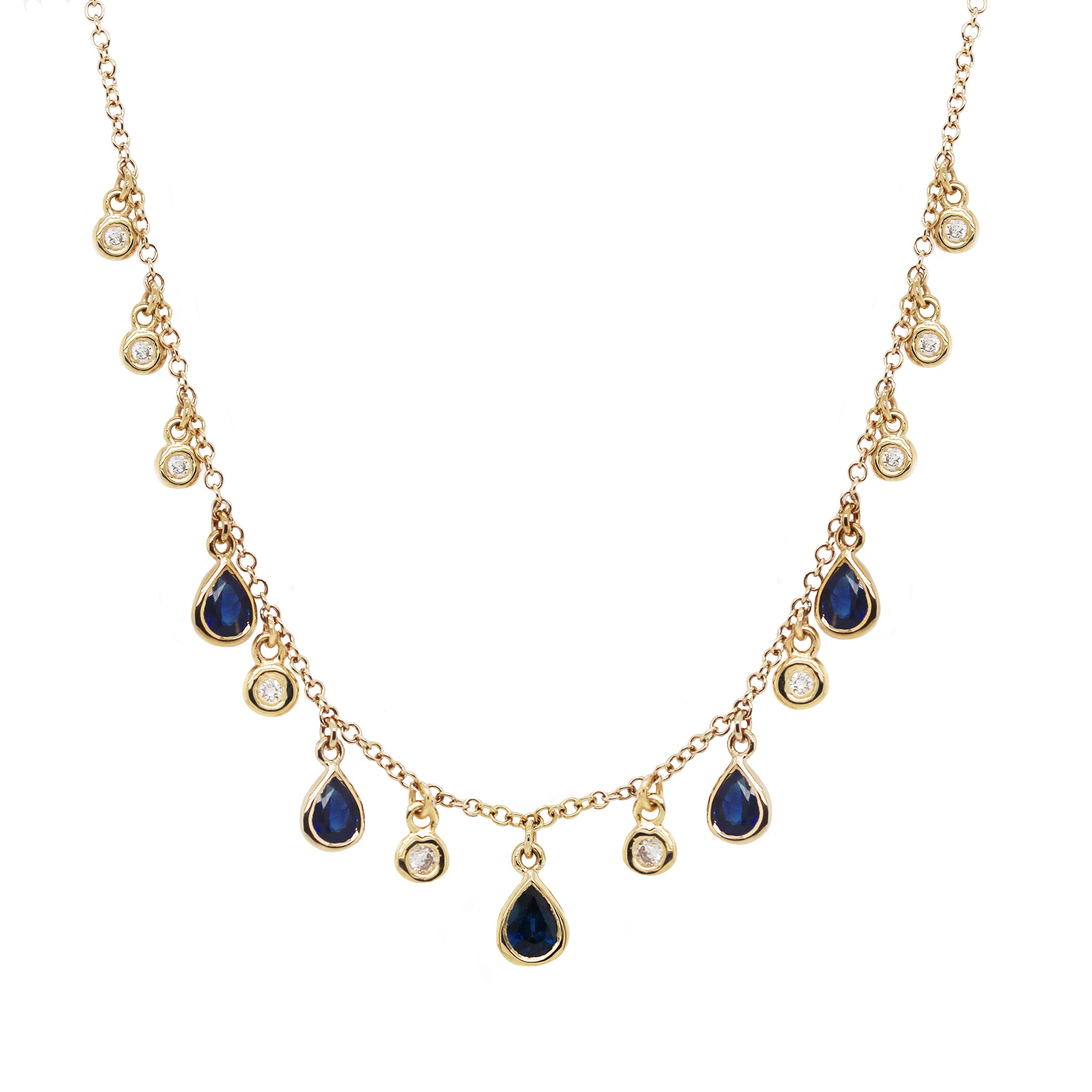 14K FIVE DANGLING PEAR SHAPE SAPPHIRES WITH DANGLING DIAMONDS NECKLACE