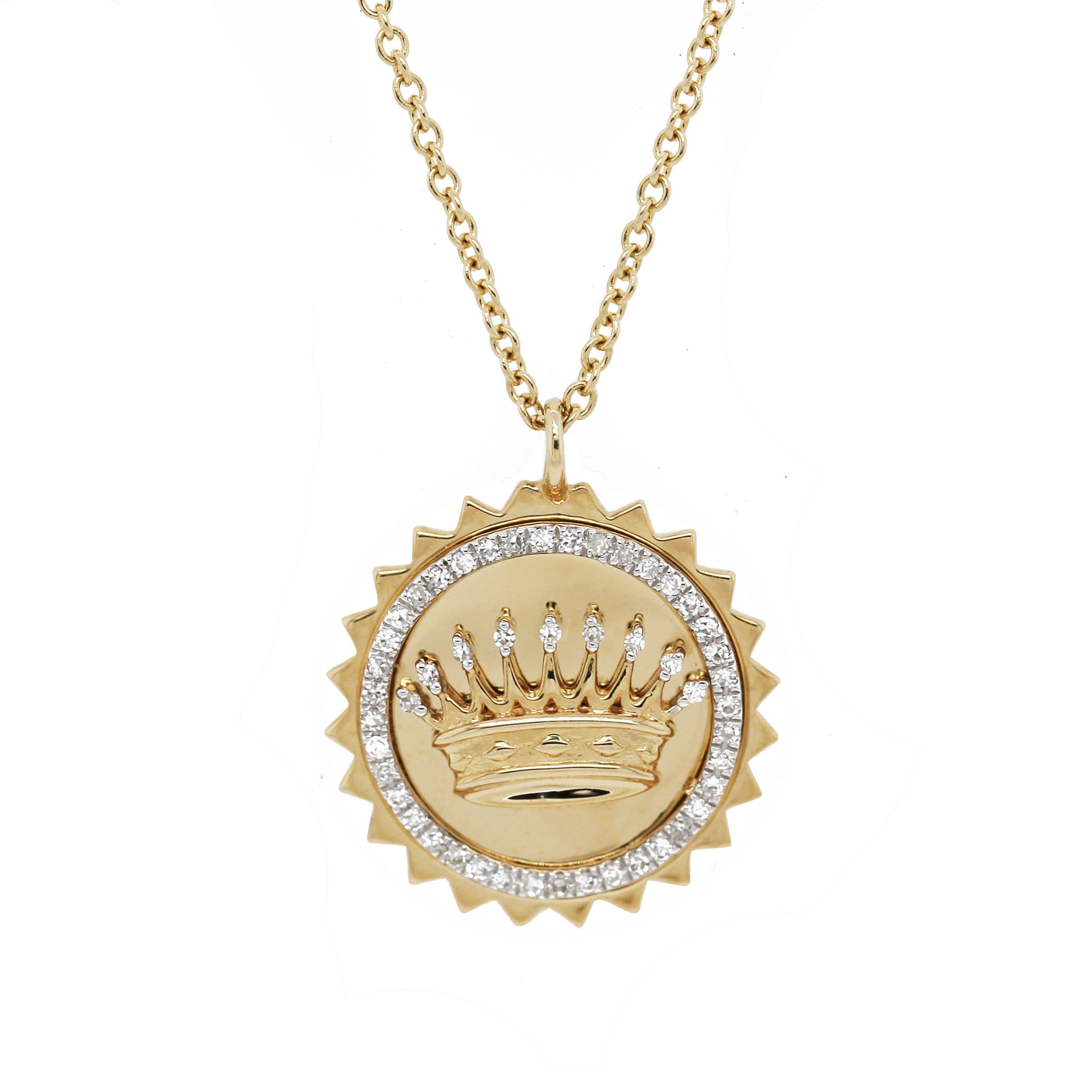 14K DIAMOND PAVE CROWN MEDALLION NECKLACE