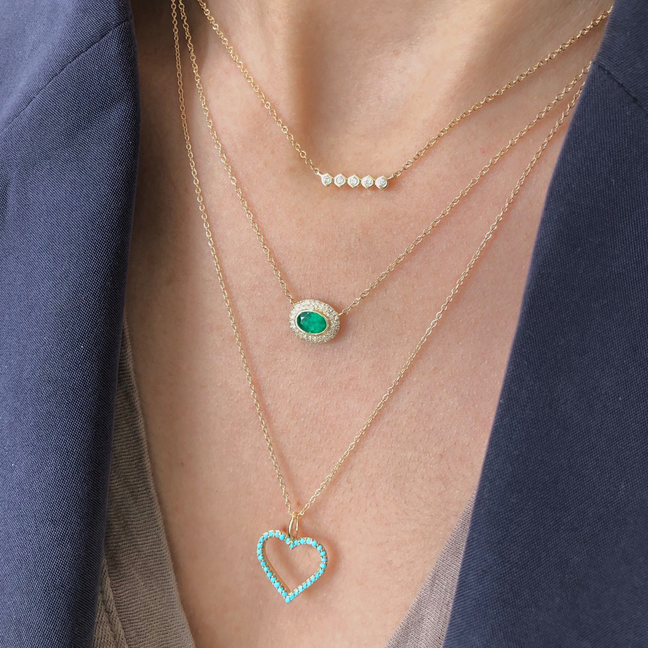 14K FIVE TINY HEXAGONS WITH SINGLE DIAMOND NECKLACE