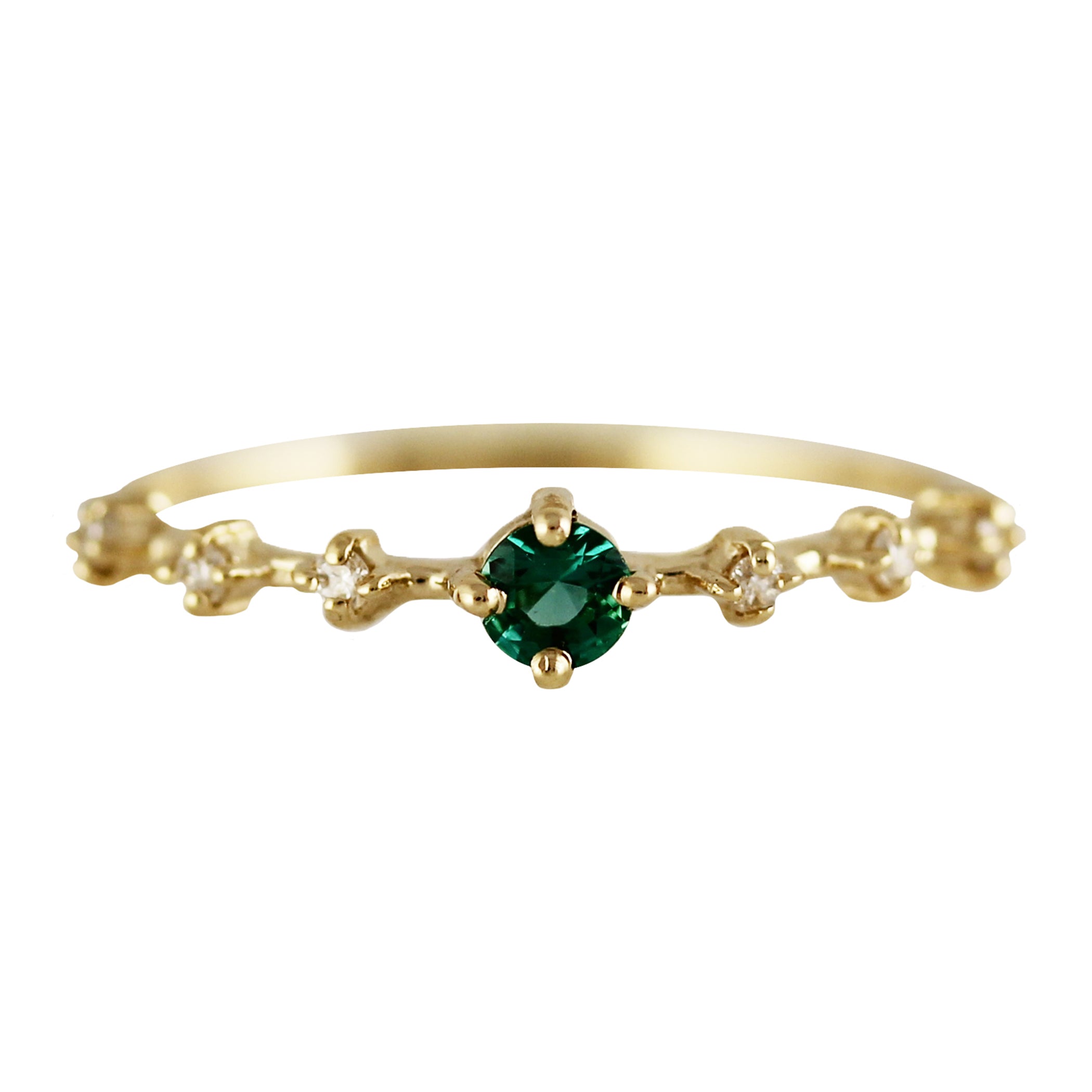 14K 3 MM ROUND EMERALD WITH SIDE DIAMONDS RING