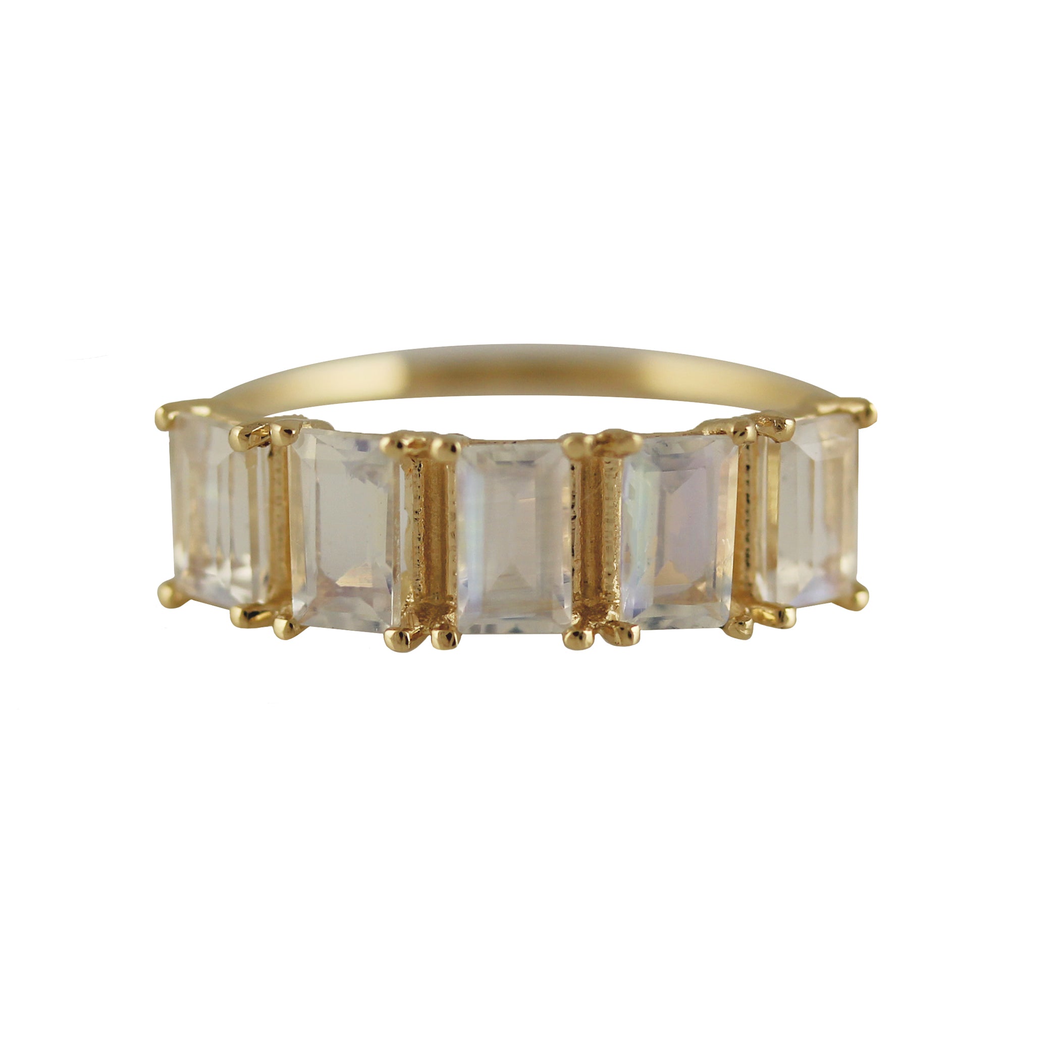 14K FIVE EMERALD CUT RAINBOW MOONSTONE RING