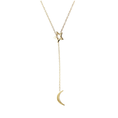 14K OPEN STAR AND MOON LARIAT NECKLACE