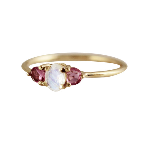 14K OVAL MOONSTONE WITH ROSE CUT PINK SAPPHIRES RING
