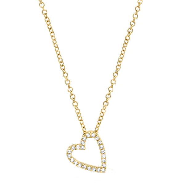 14K DANGLING DIAMOND PAVE HEART OUTLINE NECKLACE