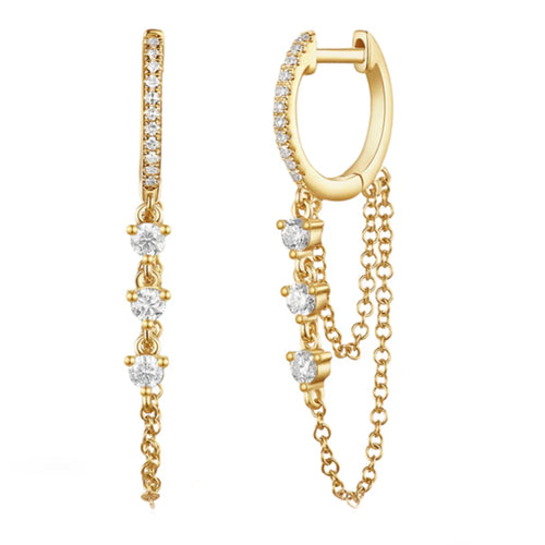 14K DIAMOND HOOPS WITH THREE DIAMONDS AND DANGLING CHAIN