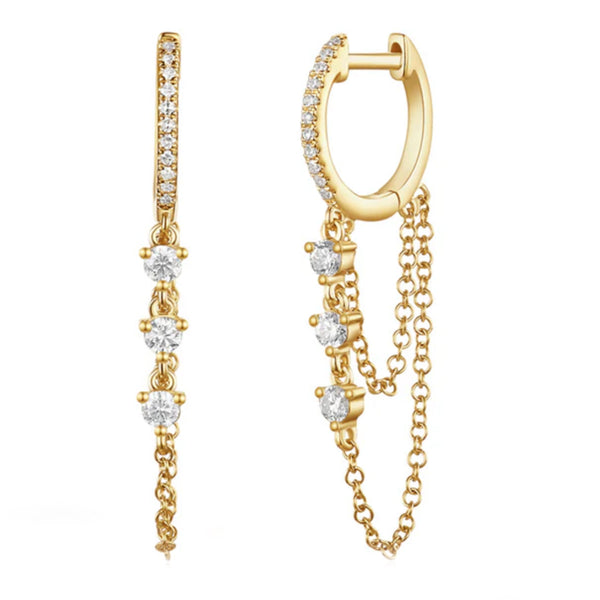 14K DIAMOND HOOPS WITH THREE DIAMONDS AND DANGLING CHAIN