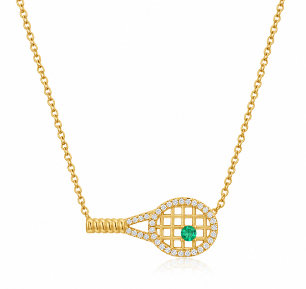 14K DIAMOND PAVE AND SINGLE EMERALD TENNIS RACKET NECKLACE
