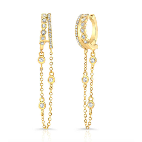 14K DOUBLE DIAMOND HUGGIE WITH CHAIN DROP EARRINGS