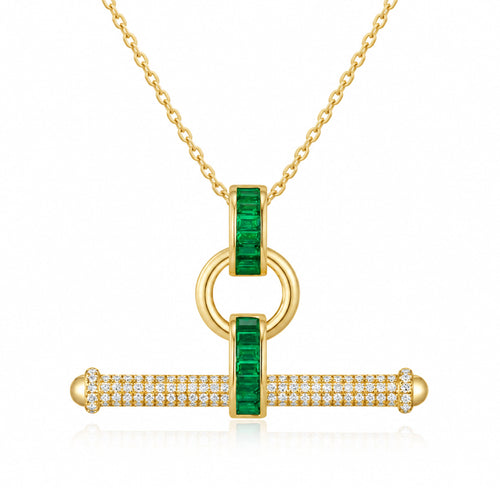 14K EMERALD BAGUETTE AND DIAMOND PAVE TOGGLE NECKLACE