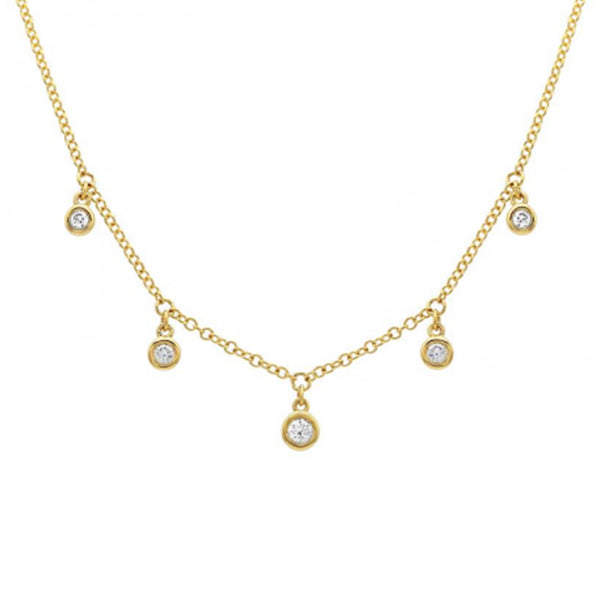 14K FIVE BEZEL SET DANGLING DIAMONDS NECKLACE