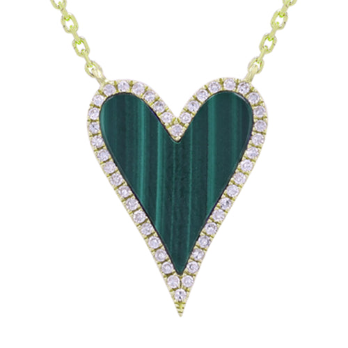 14K LARGE DIAMOND PAVE AND MALACHITE POINTY HEART NECKLACE