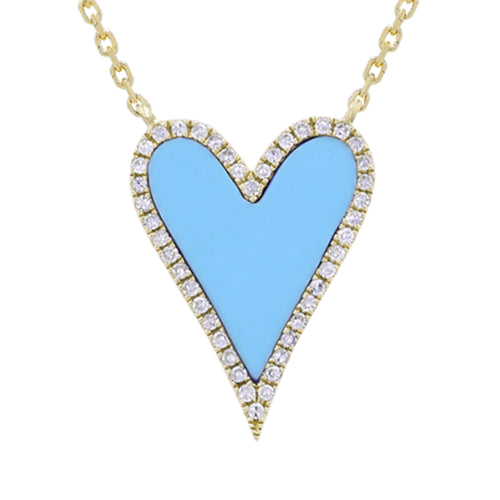 14K LARGE DIAMOND PAVE AND TURQUOISE POINTY HEART NECKLACE