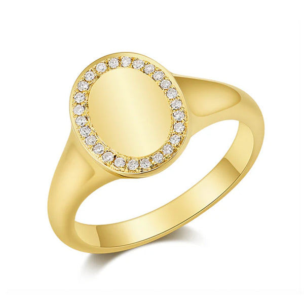 14K OVAL SIGNET WITH DIAMOND PAVE OUTLINE RING