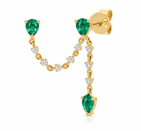 14K PEAR-SHAPED EMERALD & DIAMOND TENNIS DOUBLE-PIERCING EARRING