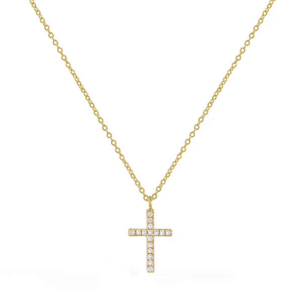 14K SMALL DANGLING DIAMOND PAVE CROSS NECKLACE