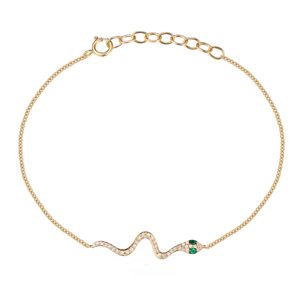 14K SMALL DIAMOND PAVE WITH EMERALD EYE SNAKE BRACELET