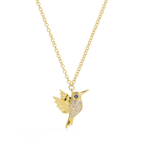 14K SMALL HUMMINGBIRD SAPPHIRE AND DIAMOND NECKLACE