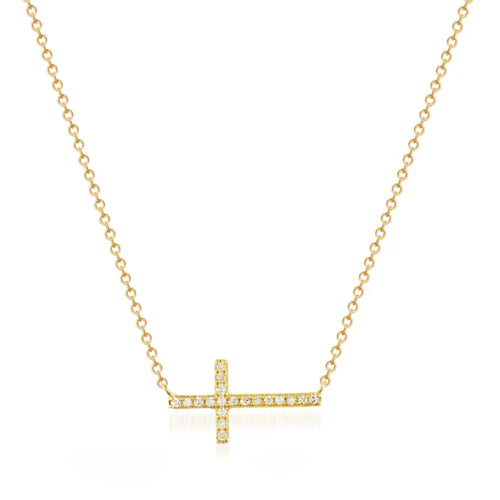 14K SMALL SIDEWAYS DIAMOND PAVE CROSS NECKLACE