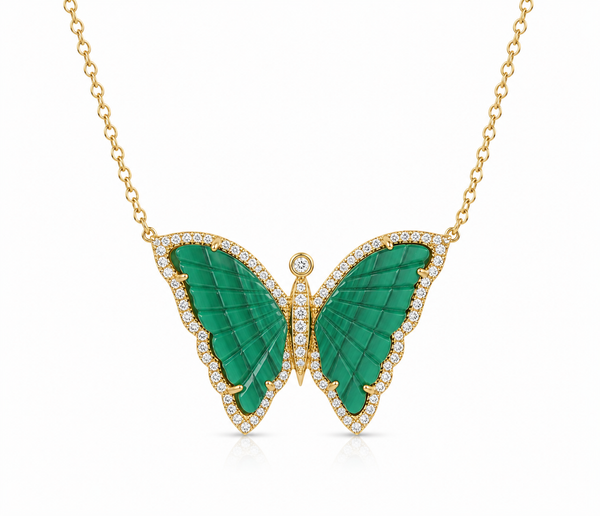 14K DIAMOND PAVE MALACHITE BUTTERFLY NECKLACE