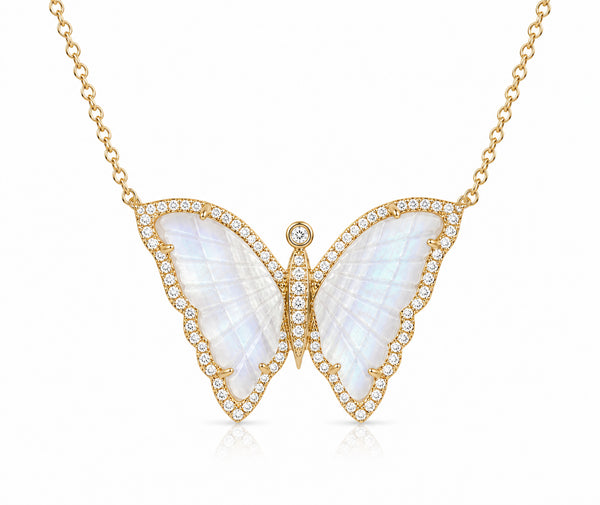 14K DIAMOND PAVE MOONSTONE BUTTERFLY NECKLACE
