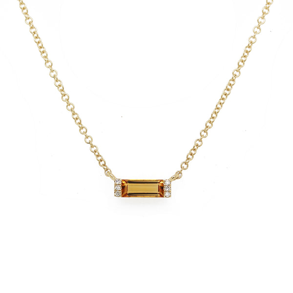 14K CITRINE BAGUETTE WITH SIDE DIAMOND PAVE NECKLACE