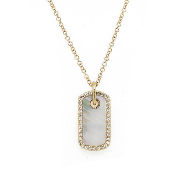 14K DIAMOND PAVE AND MOTHER OF PEARL TAG NECKLACE
