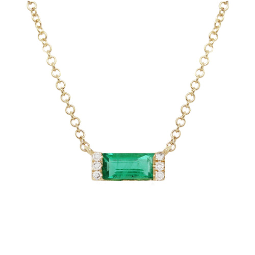 14K EMERALD BAGUETTE WITH DIAMOND PAVE SIDES NECKLACE