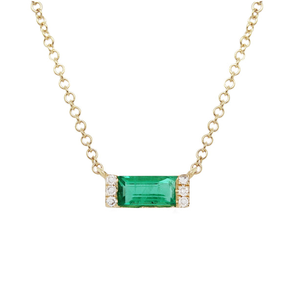 14K EMERALD BAGUETTE WITH DIAMOND PAVE SIDES NECKLACE