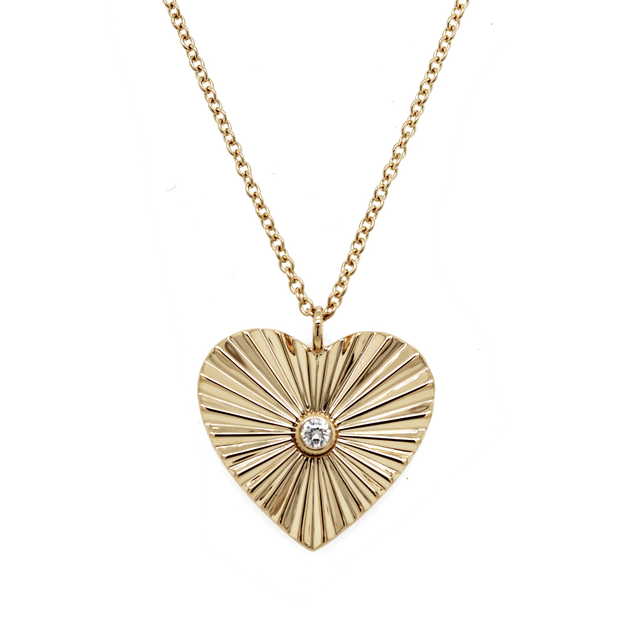 14K FLUTED HEART WITH SINGLE DIAMOND NECKLACE